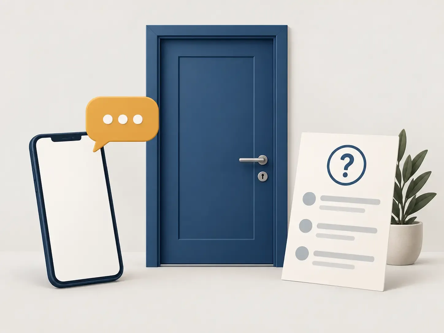 Illustration of a blue door next to a phone, an enquiry sheet and a question mark.