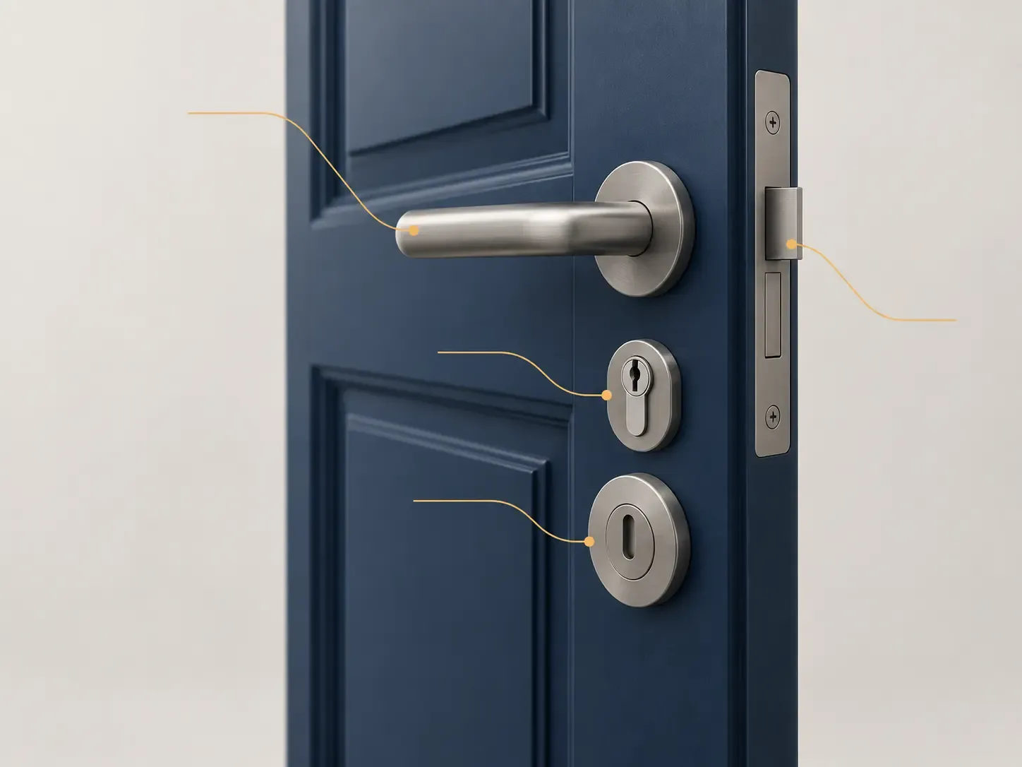Illustration of a blue door with its handle, outer locking components and door edge highlighted.